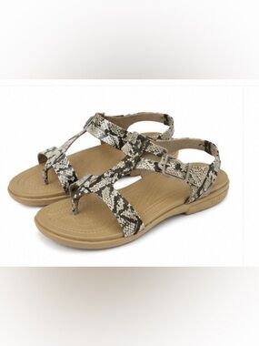 Crocs Snakeskin Strappy Flat Sandals Tan and Black Size 7